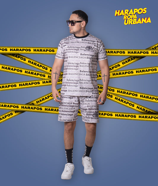 Conjunto de verano balenciaga crema con negro short + polera