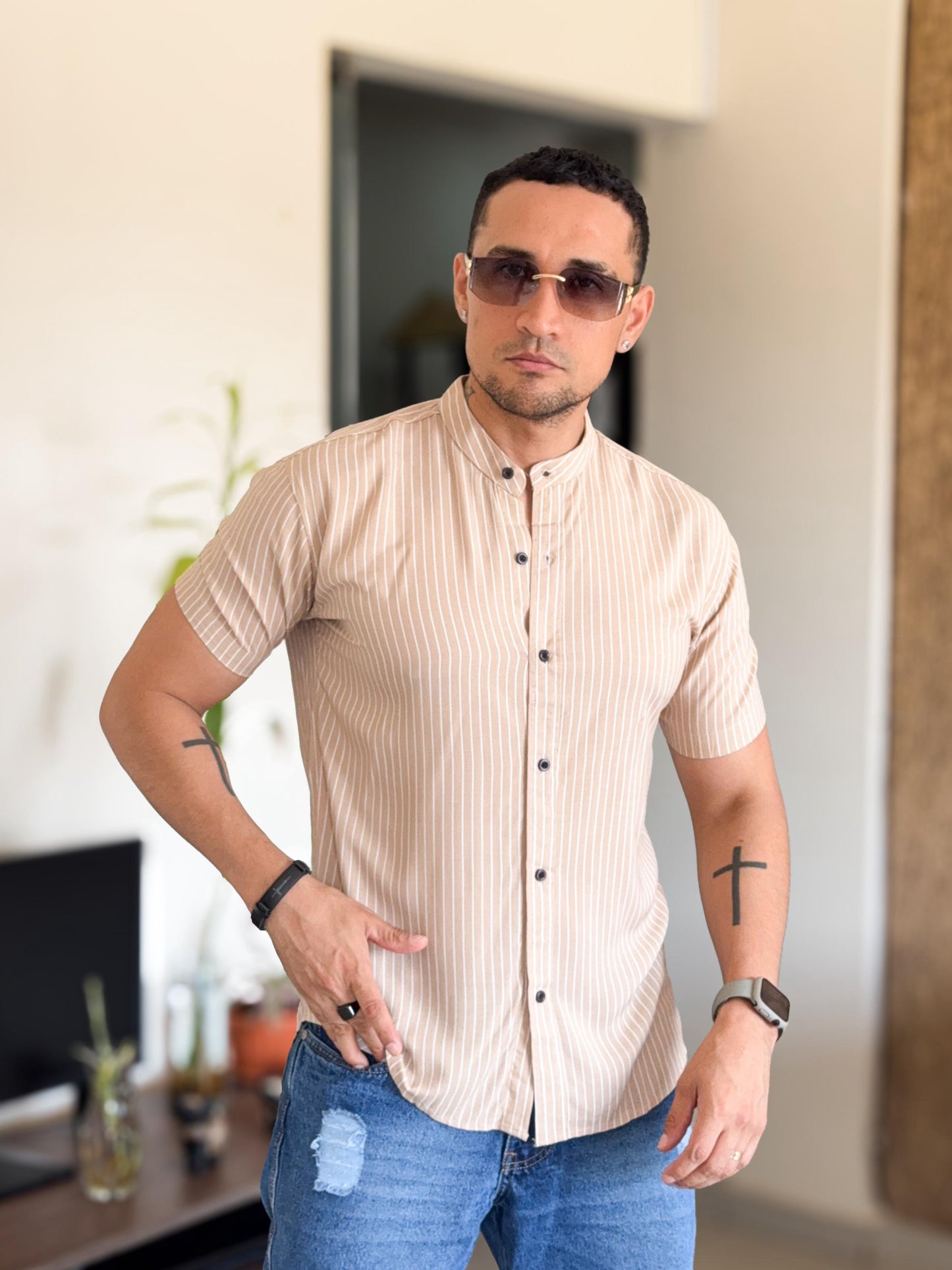 Camisa versace crema a rayas