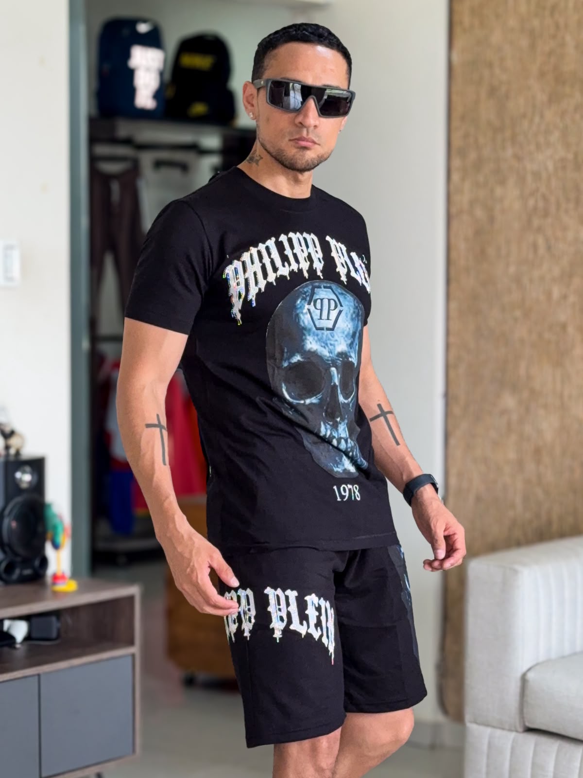 Conjunto de verano premium PHILIPP PLEIN Blue Sckull con PEDRERIA