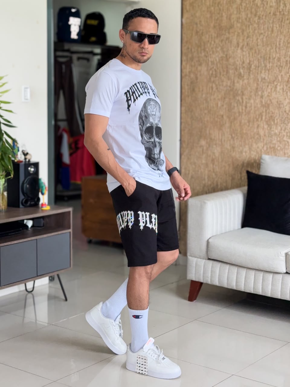 Conjunto de verano premium PHILIPP PLEIN Gotic Sckull con PEDRERIA Polera Blanca