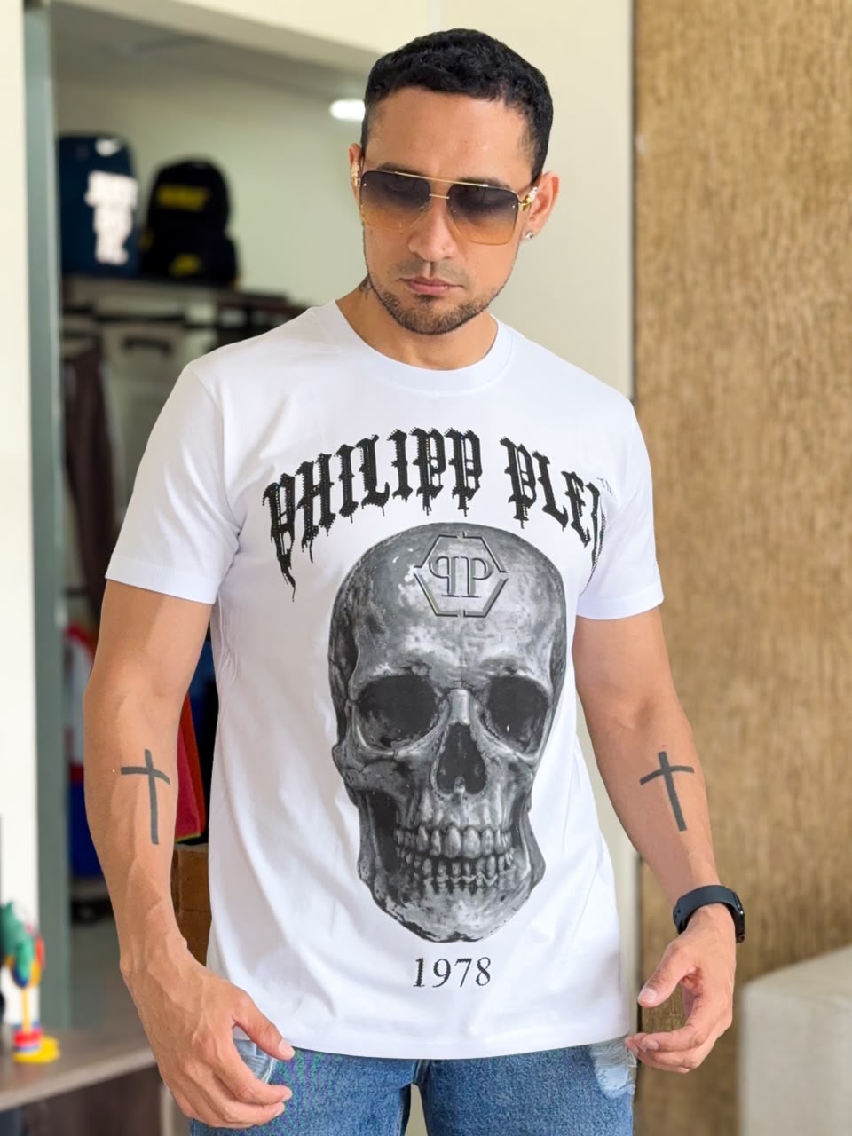 Polera premium PHILIPP PLEIN Blue Sckull con PEDRERIA Color Blanca