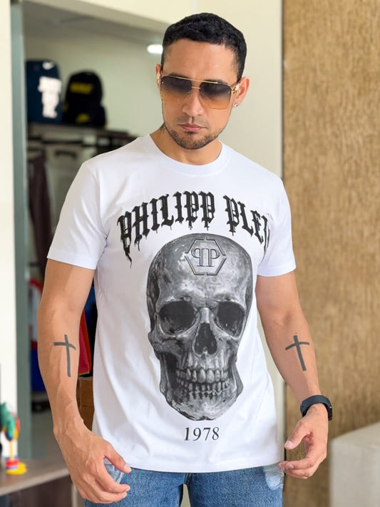 Polera premium PHILIPP PLEIN Blue Sckull con PEDRERIA Color Blanca