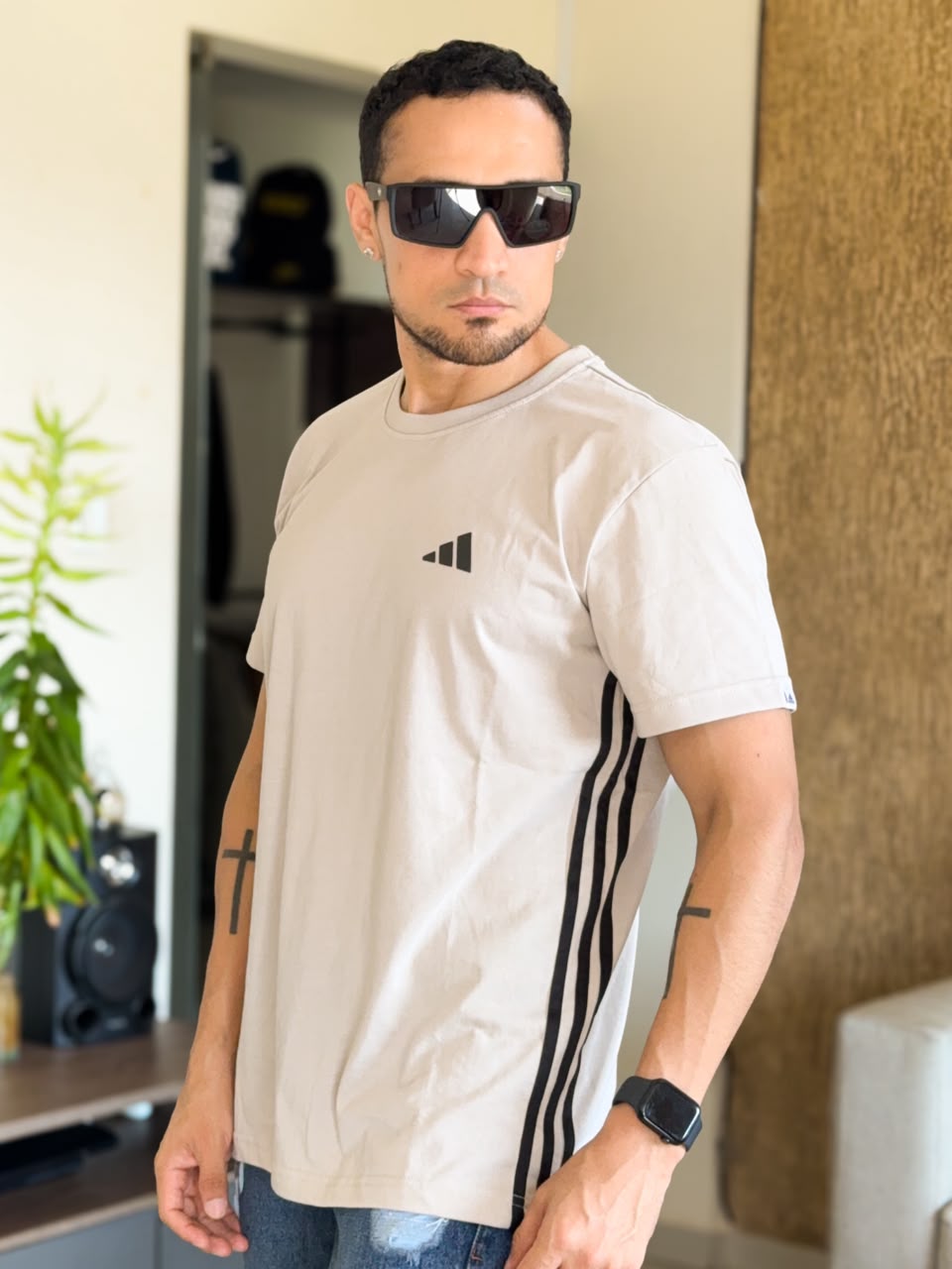 Polera ADIDAS clásico franjas laterales beige