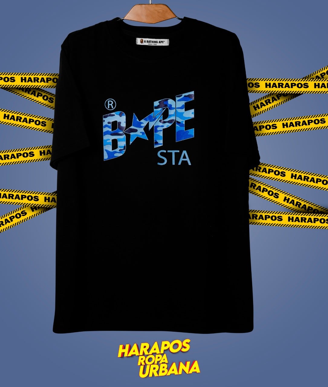 Polera bape sta negra letras azules