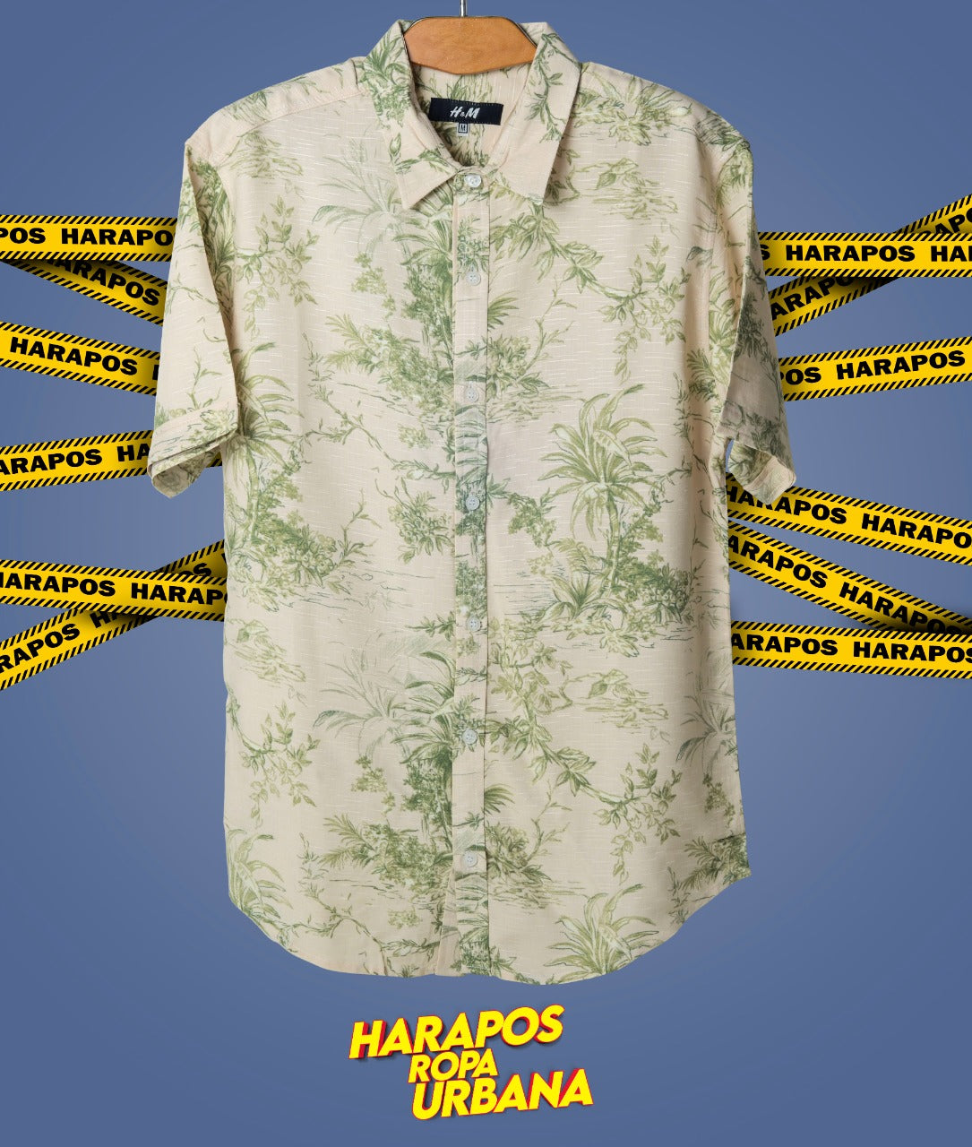 Camisa H&M crema con jaspeado verde