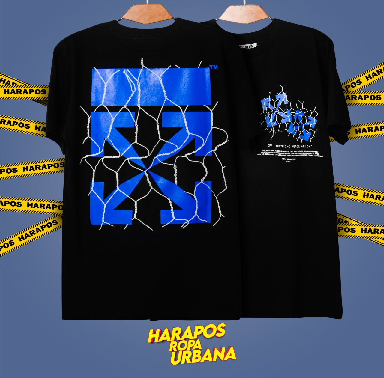 Polera Off White negra con alambres azules