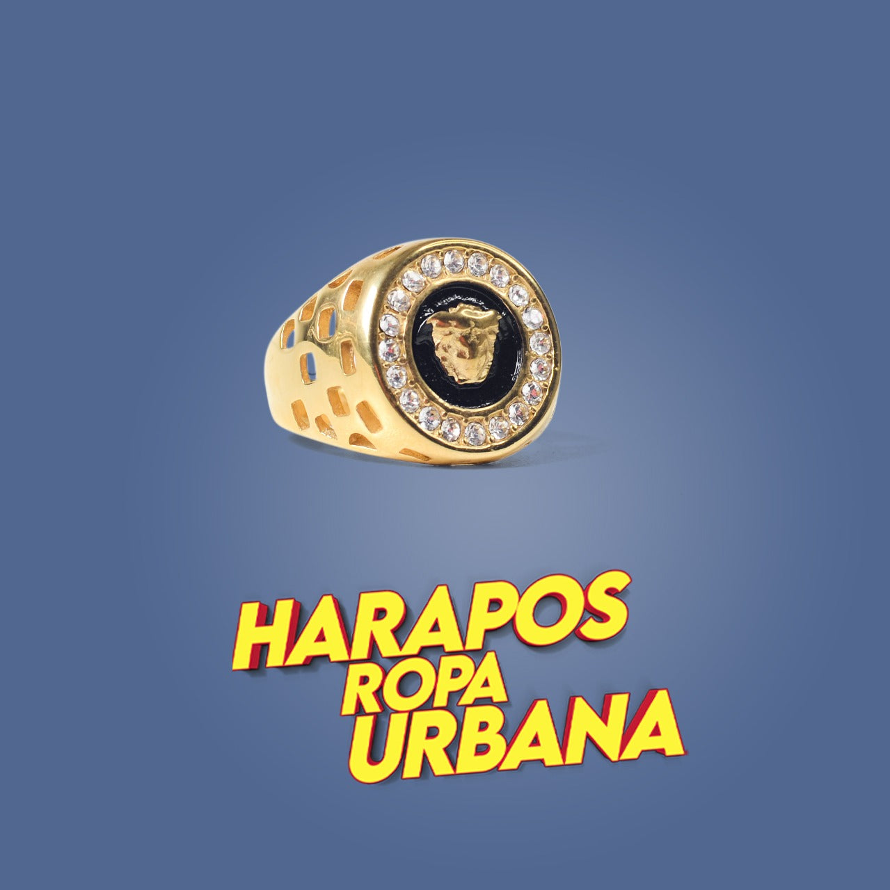 Anillo de acero versace dorado circulo con diamantes