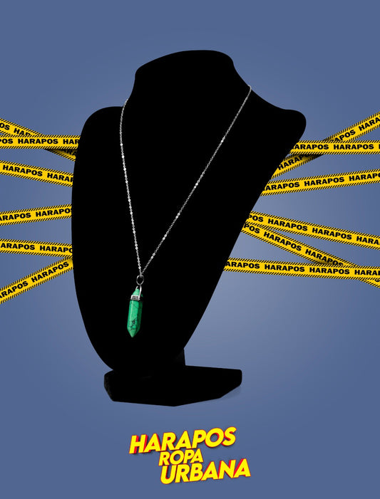 Cadena de acero plateada con cuarzo verde crakelado