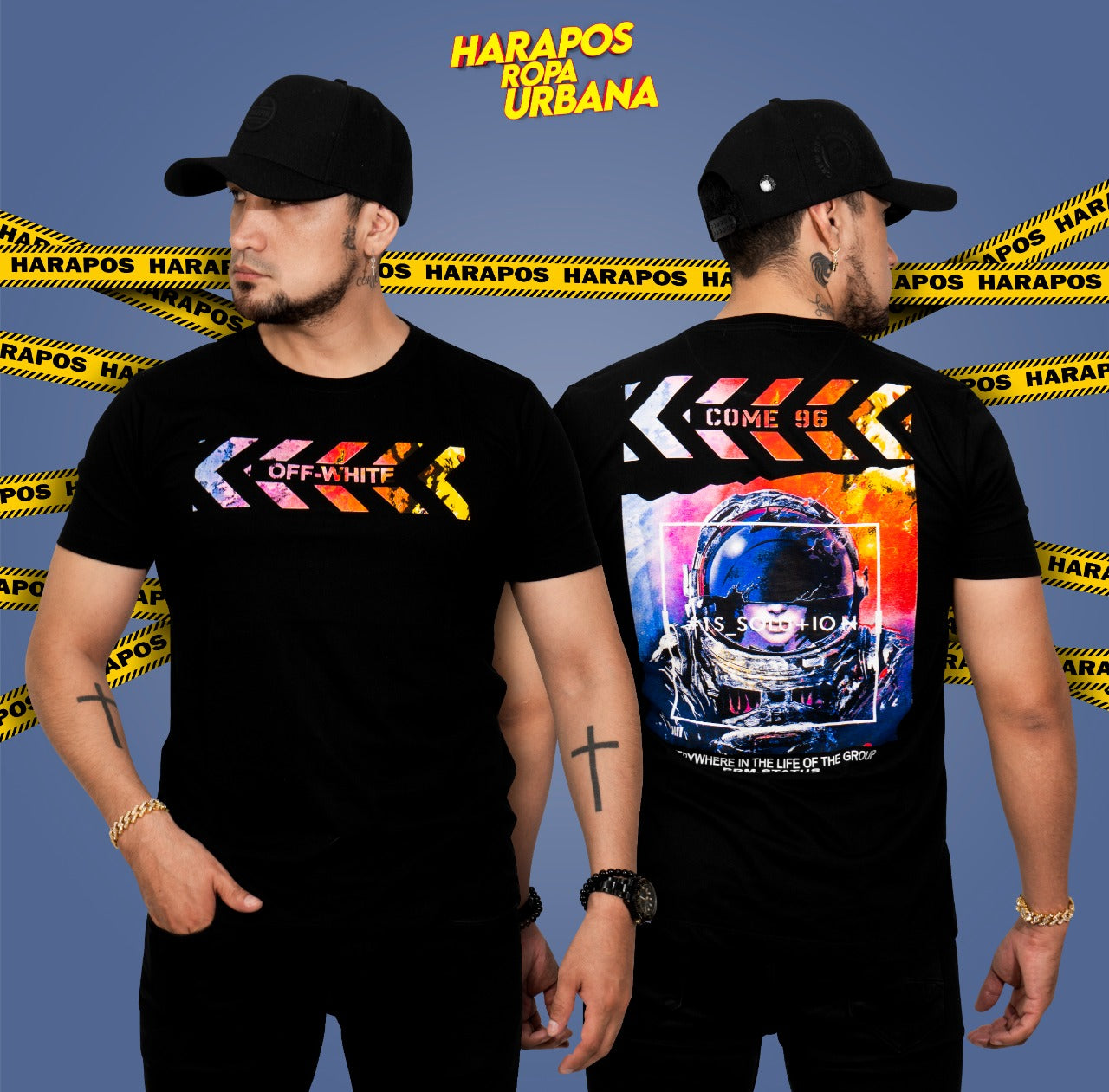 Polera off white negra astronauta detras
