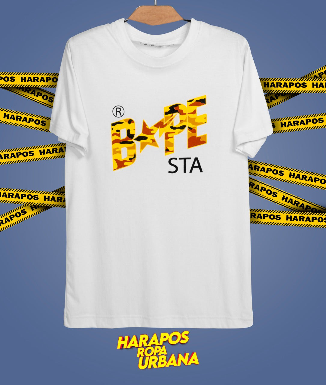 Polera bape blanca letras amarillas