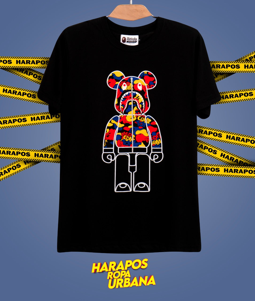 Polera bape negro oso robot colorido