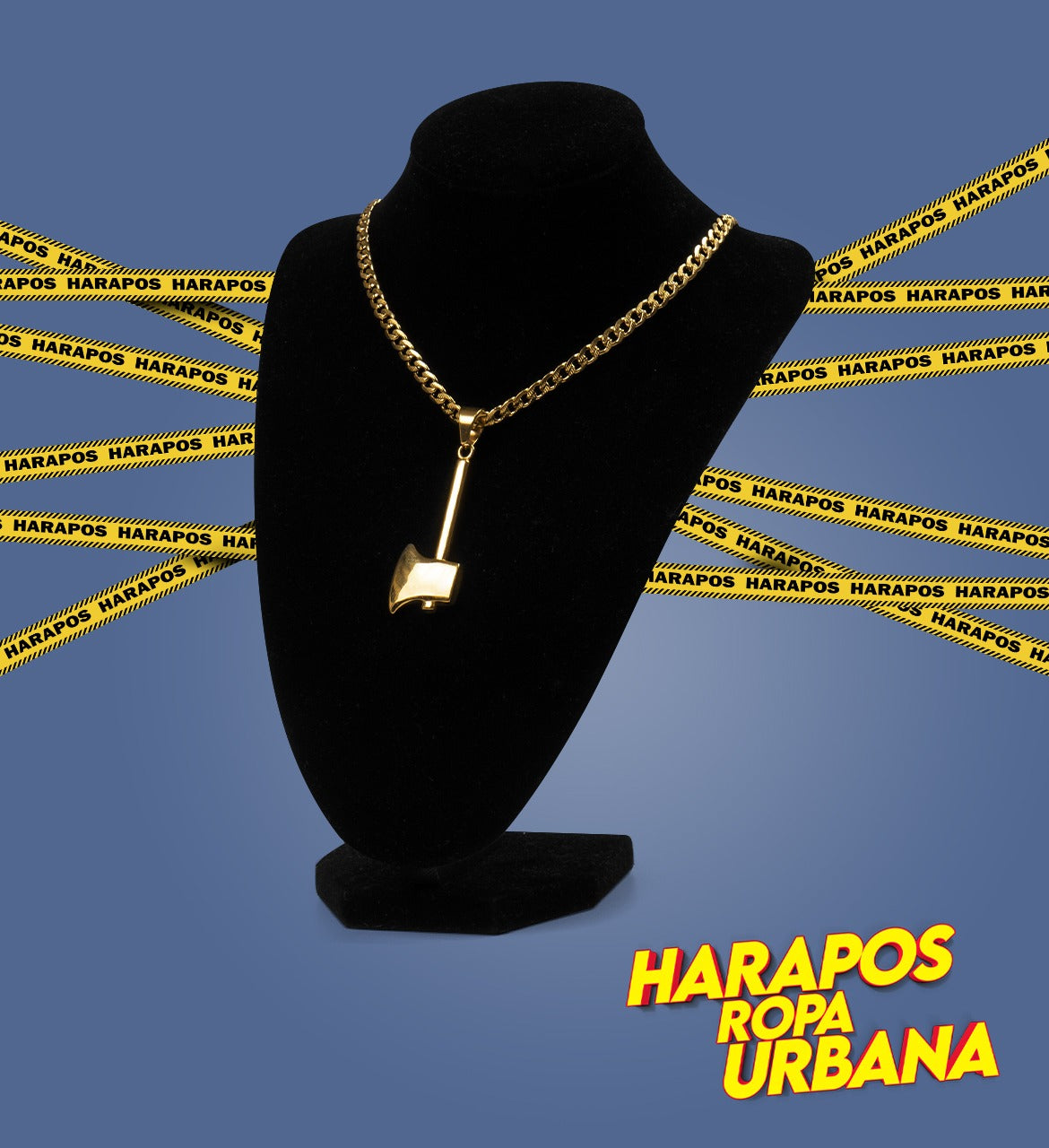 Cadena de acero y dije de hacha dorada