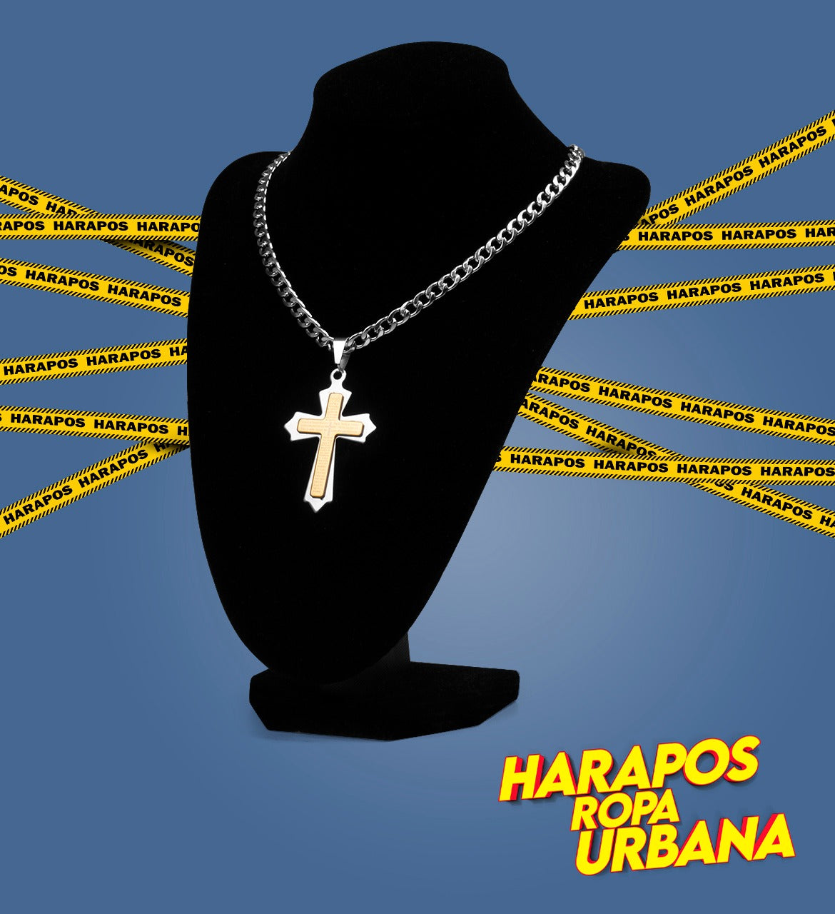 Cadena de acero plateada dije cruz plateada y dorada