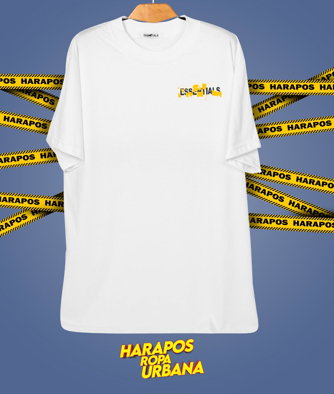 Polera essentials oversize blanca letras con detalles amarillos