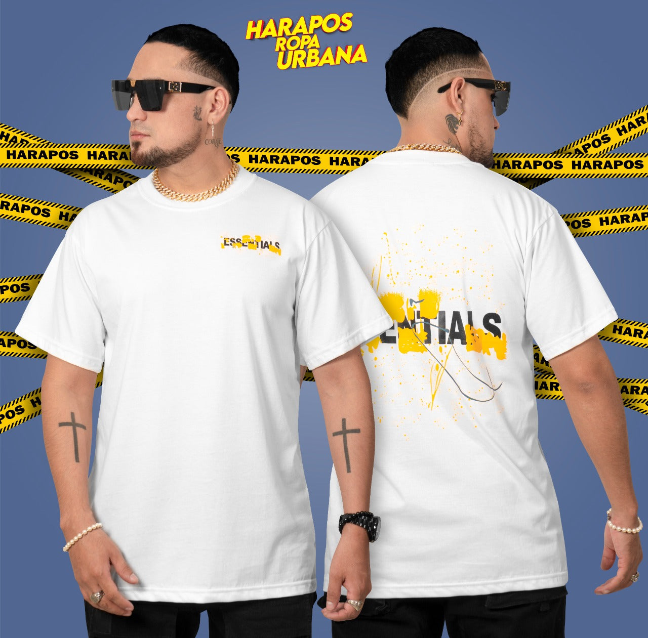 Polera essentials oversize blanca letras con detalles amarillos