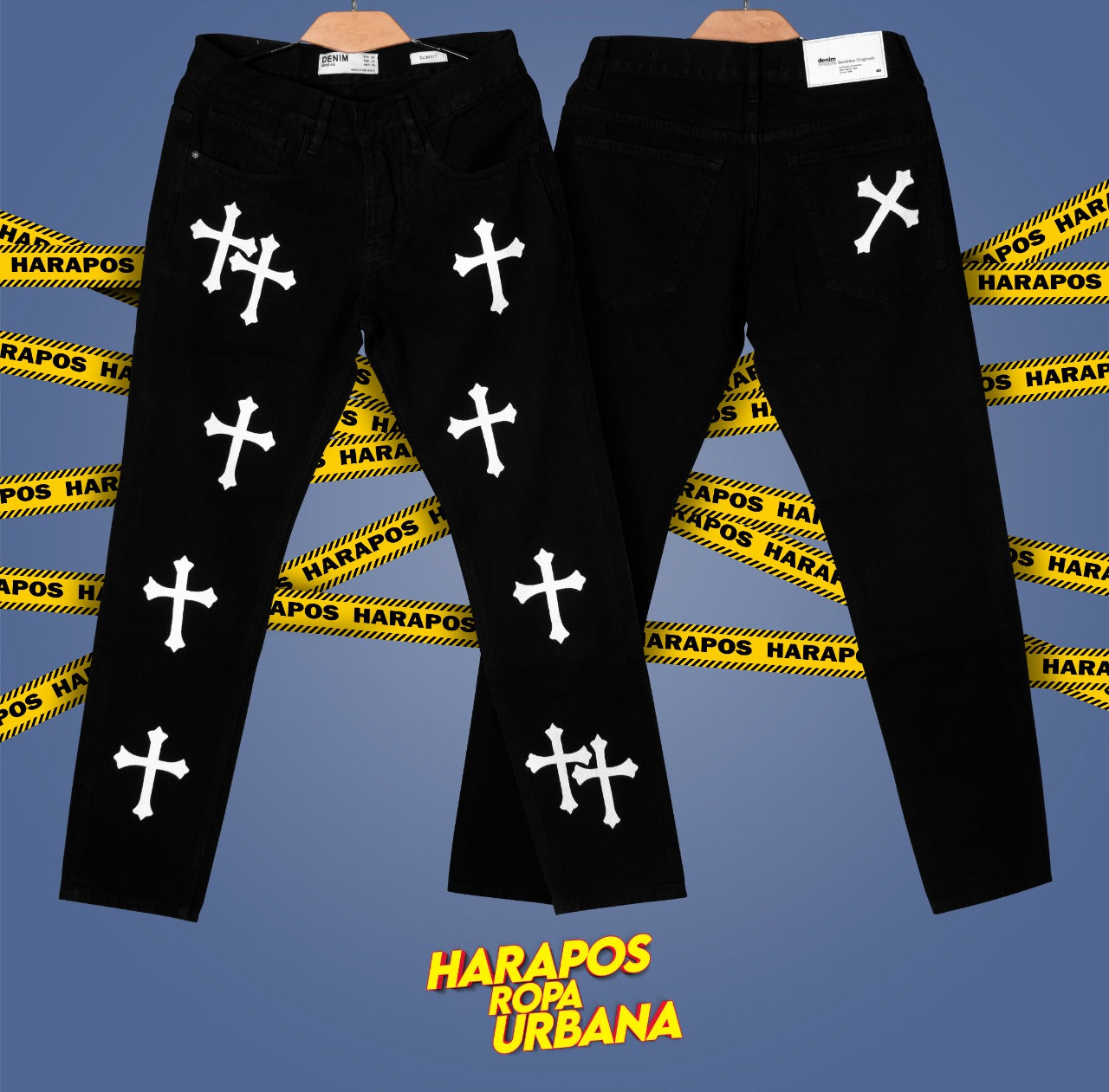 Pantalon Bershka demin jean negro con cruces