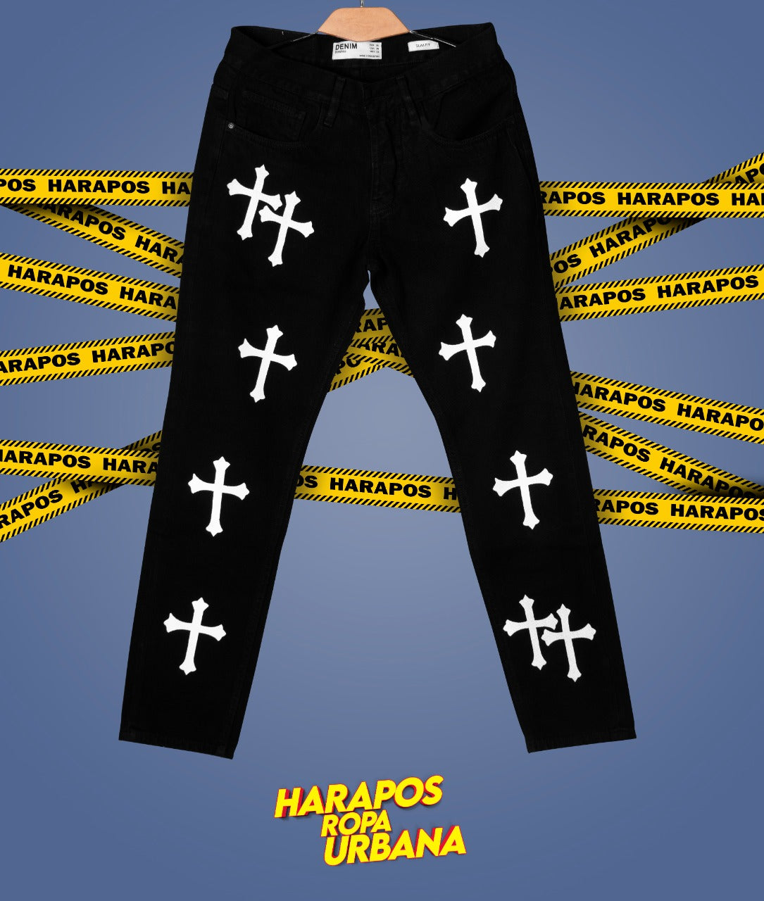 Pantalon Bershka demin jean negro con cruces