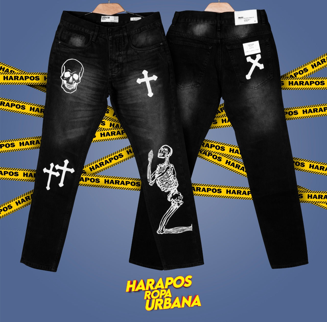 Pantalon Bershka demin jean negro con esqueletos