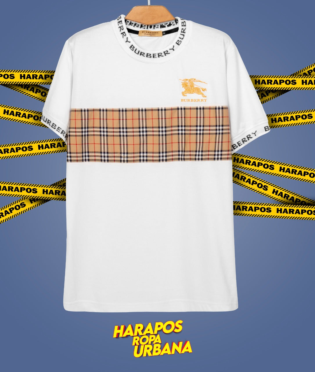 Polera burberry blanca franja cafe