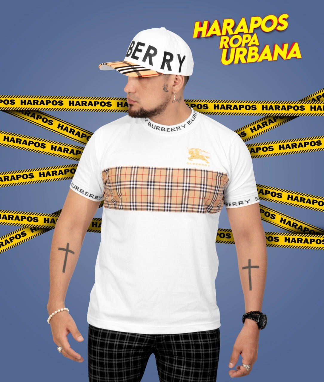 Polera burberry blanca franja cafe