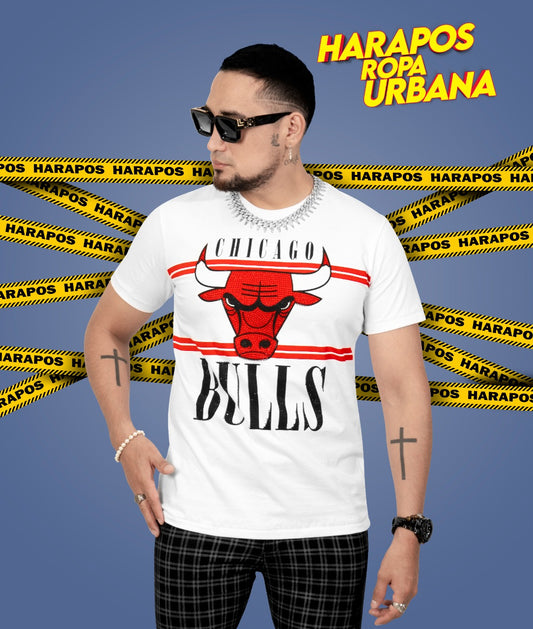Polera chicago bulls blanco toro con lentejuelas