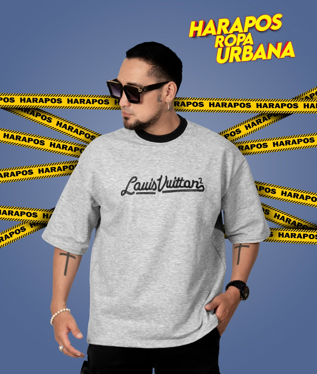 Sudadera oversize manga corta louis vuitton bordado plomo claro