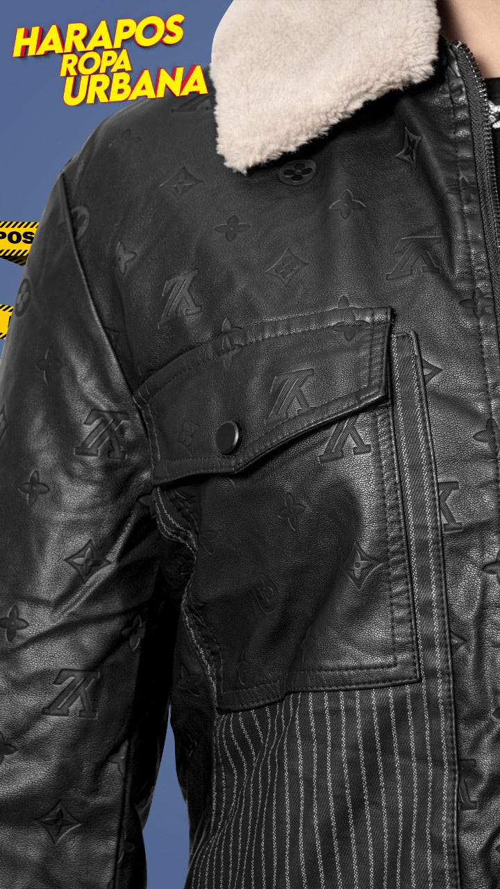 Chamarra louis vuitton de cuero negra premium