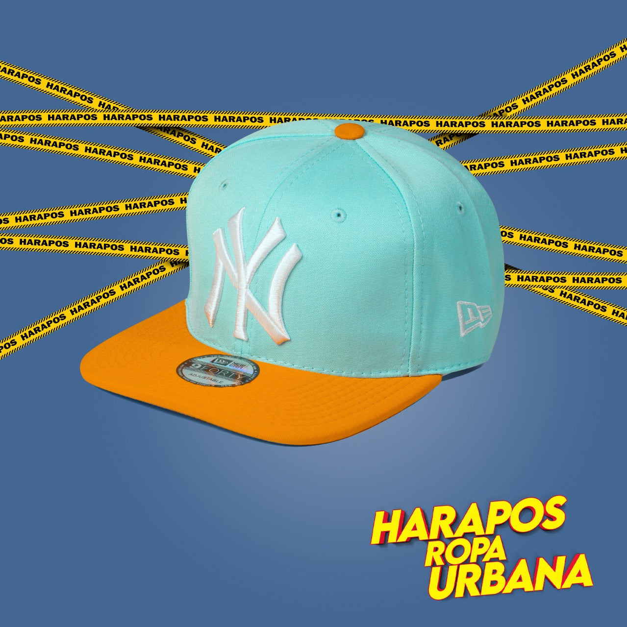 Gorra new york NY plana celeste base naranja gamuzada
