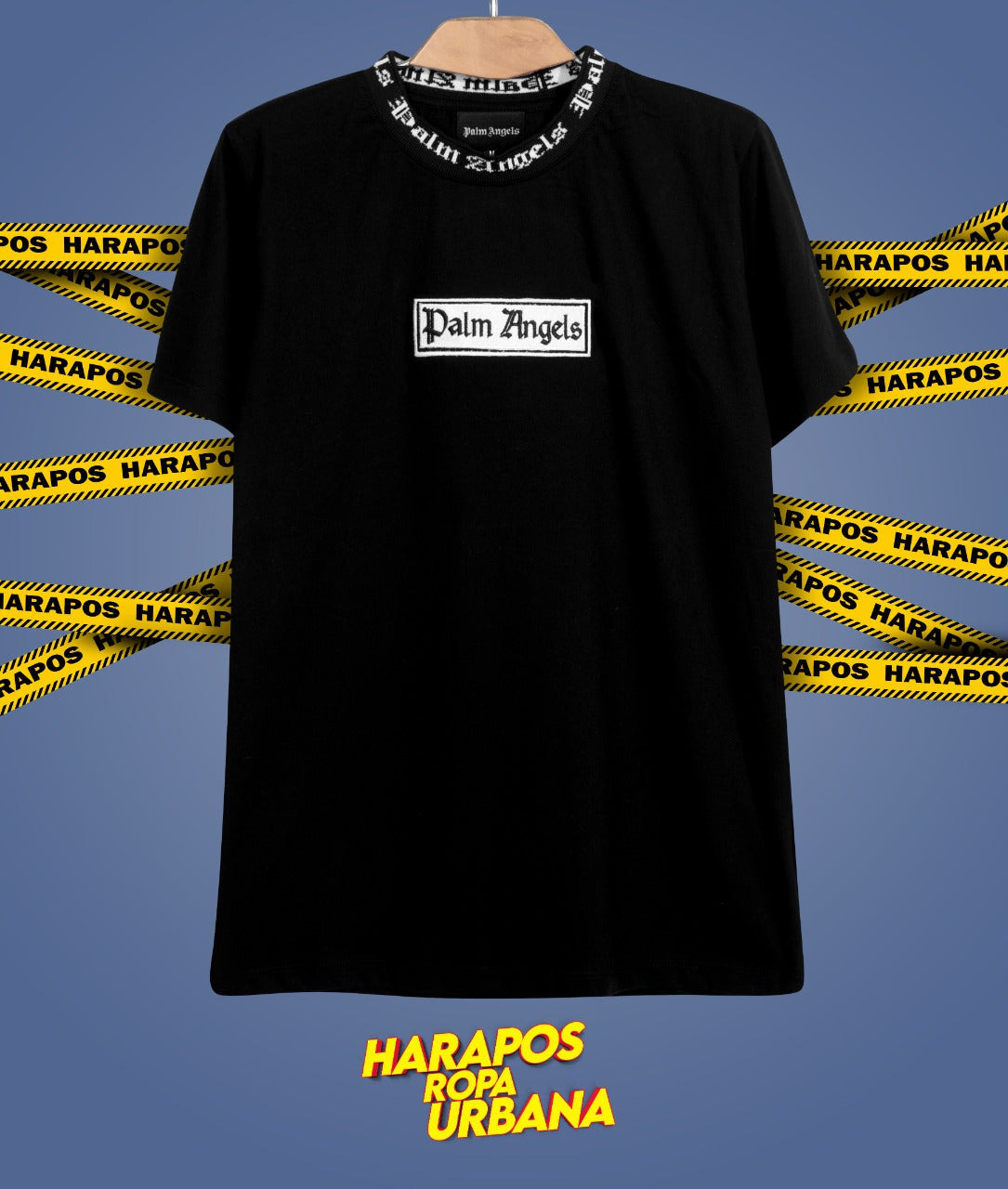 Polera palm angels negro cuello de hilo logo rectangulo