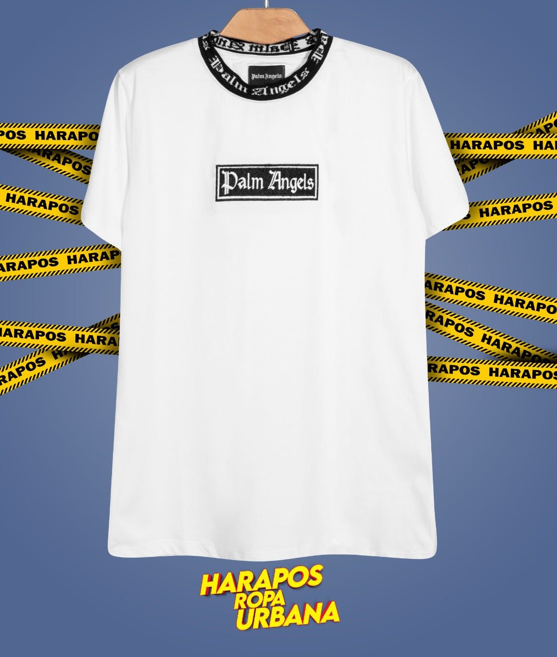 Polera palm angels blanco cuello de hilo logo rectangulo