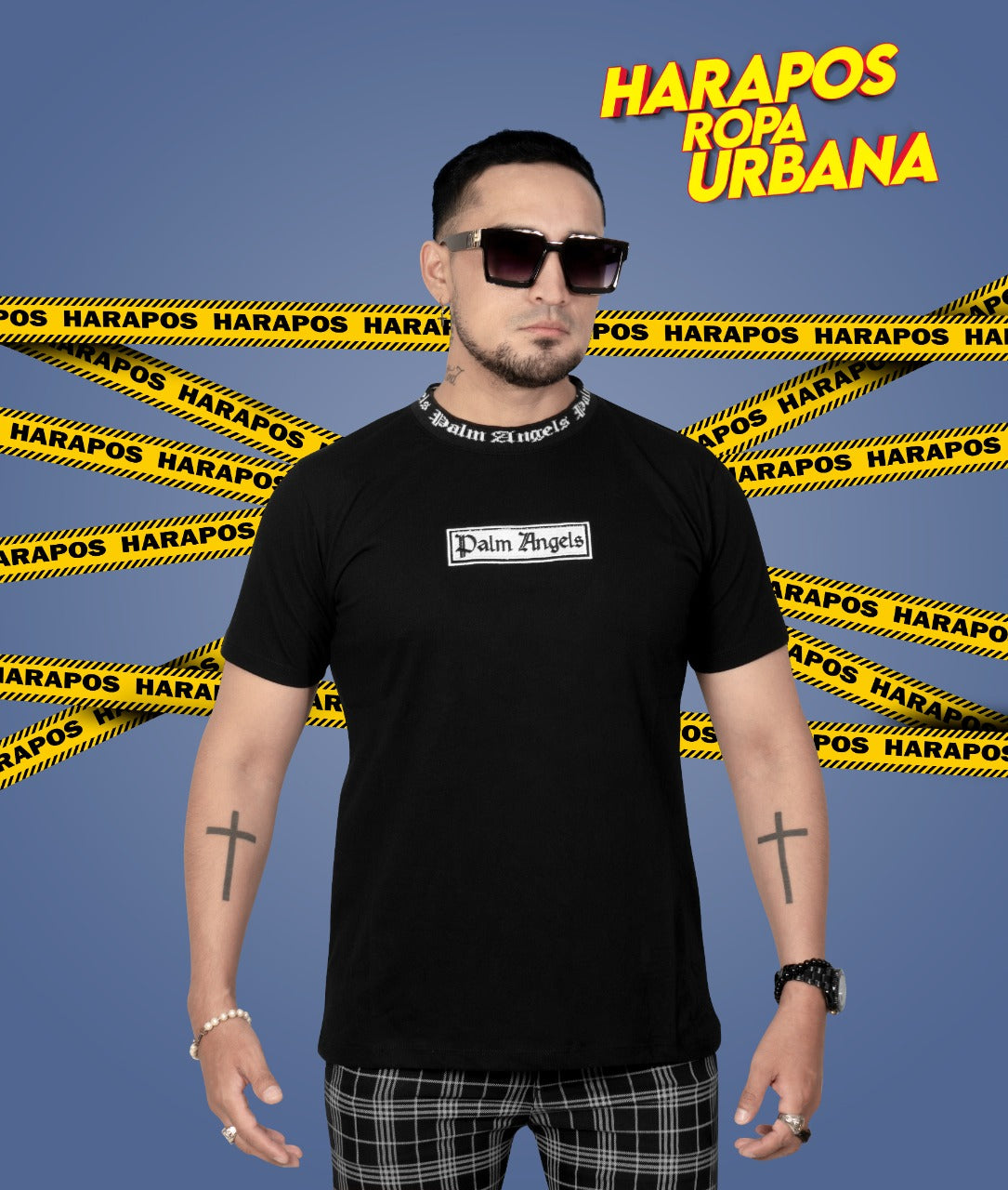 Polera palm angels negro cuello de hilo logo rectangulo