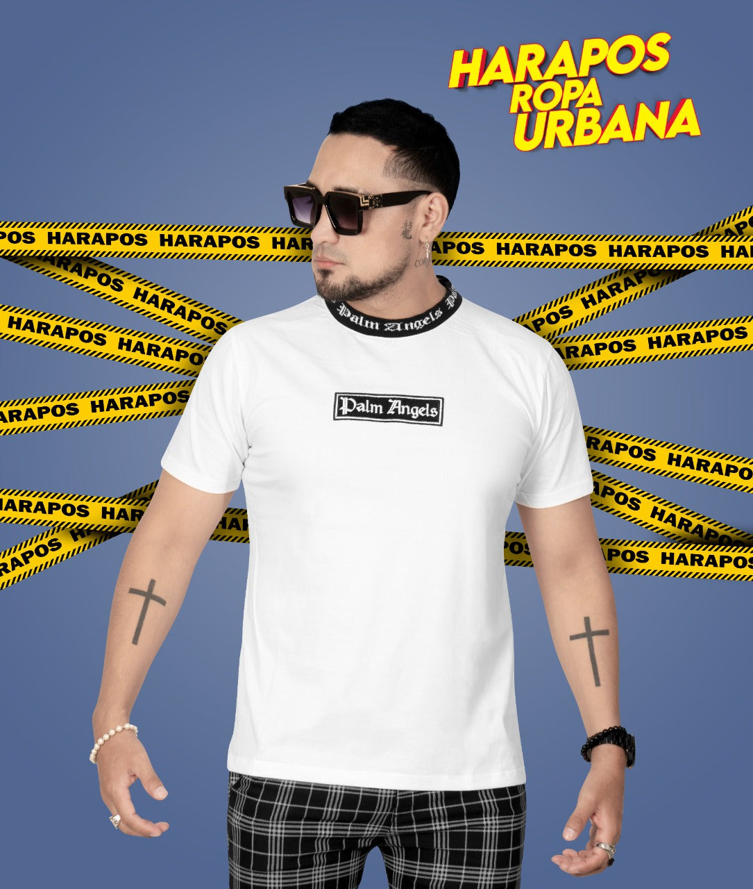 Polera palm angels blanco cuello de hilo logo rectangulo
