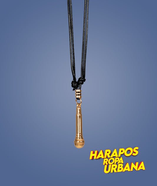 Cadena de cuero negro dije micfrofono dorado
