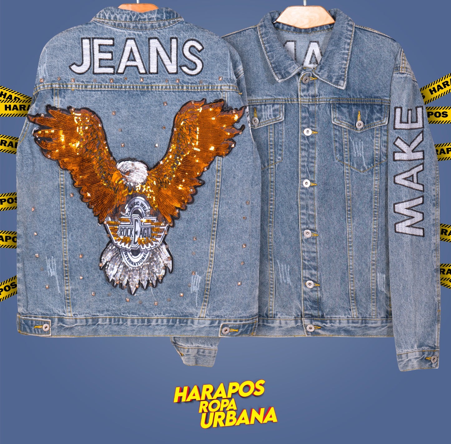 Chaqueta jean exclusivo de diseñador celeste aguila dorada atras