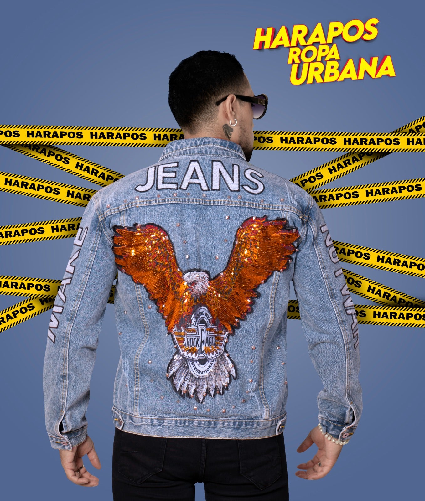 Chaqueta jean exclusivo de diseñador celeste aguila dorada atras